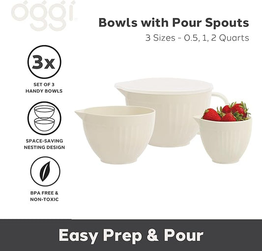 Oggi Set of 3 Mixing Bowls with Pour Spout - Nested Plastic Bowls for Kitchen, Durable Mixing Bowls with Lids Set, BPA-Free Plastic Bowls with Lids - 0.5, 1, 2 Qt