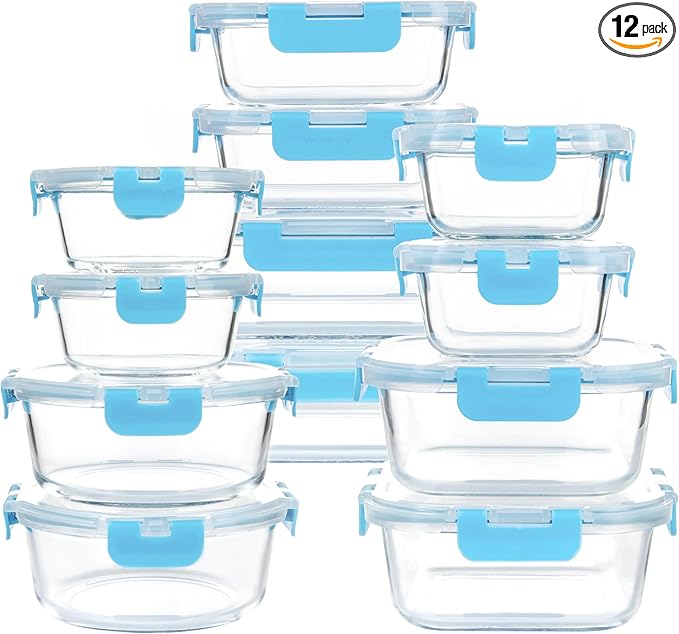 12 Pack Glass Storage Containers with Lids, Glass Meal Prep Containers Set, Airtight Food Storage Containers, Blue