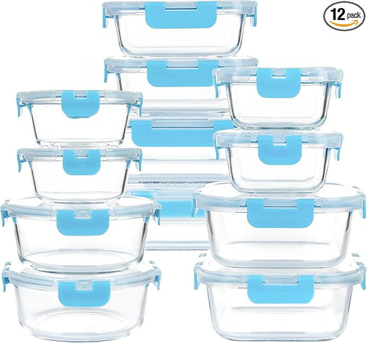 12 Pack Glass Storage Containers with Lids, Glass Meal Prep Containers Set, Airtight Food Storage Containers, Blue