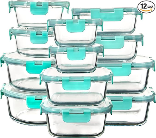 12 Pack Glass Storage Containers with Lids, Leak-Proof Meal Prep Containers, Dishwasher/Microwave/Oven/Freezer Safe Glass Food Storage Containers for Leftovers, to Go