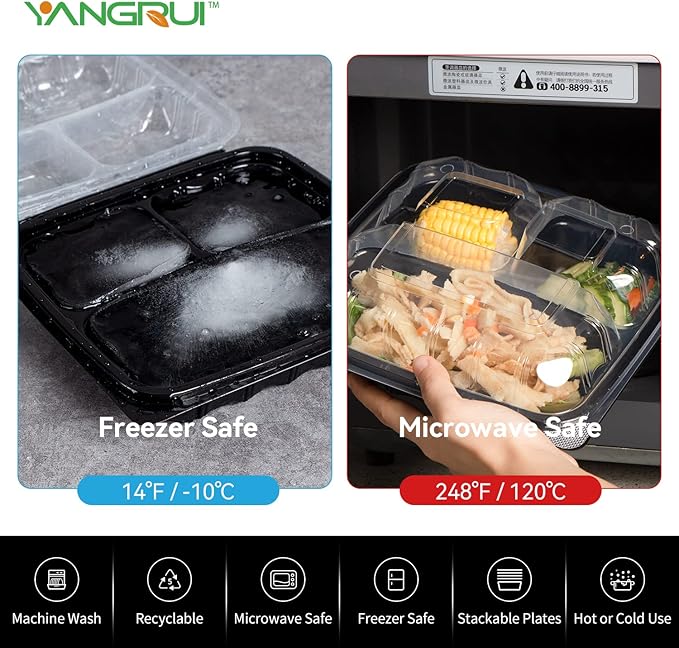 YANGRUI To Go Containers, Reusable Anti-Fog Leak Proof Shrink Wrap 25 Pack 34 oz 8 Inch 3 Compartment Clamshell Take Out Container BPA Free Pure PP Meterial Microwave Freezer Safe Meal Prep Boxes
