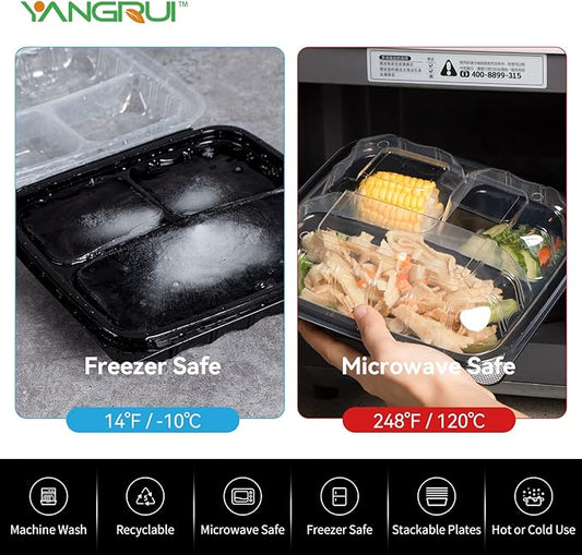 YANGRUI To Go Containers, Reusable Anti-Fog Leak Proof Shrink Wrap 25 Pack 34 oz 8 Inch 3 Compartment Clamshell Take Out Container BPA Free Pure PP Meterial Microwave Freezer Safe Meal Prep Boxes