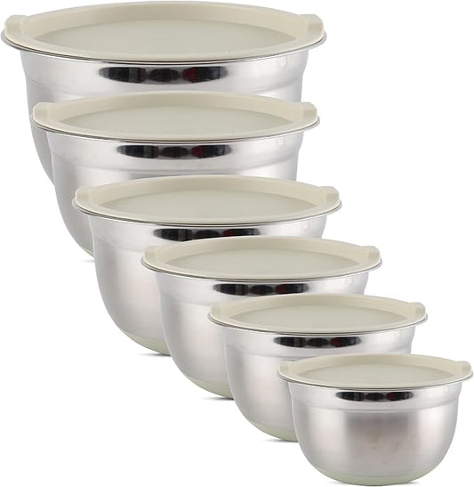 Country Kitchen Mixing Bowls with Airtight Lids - 12 piece Stainless Steel Metal Nesting Storage Bowls, Non-Slip Bottoms (Khaki)