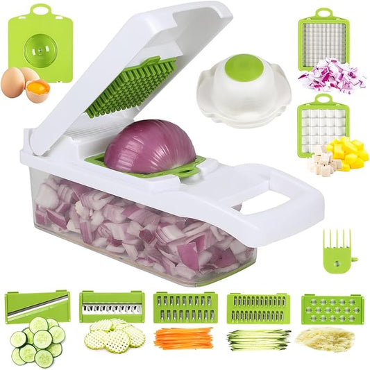 16 in 1 Vegetable Cutter and Mandolin Slicer - versatile food cutter, stainless steel blade, large container and - manual onion, garlic and salad cutter for kitchen use