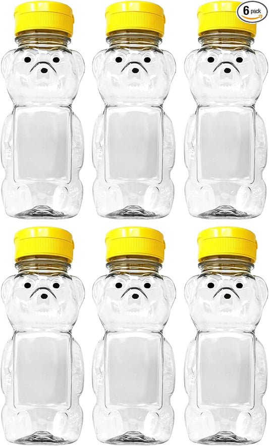 6 Pack of 12 Ounce Clear Honey Bears with Sealable Yellow Flip Top Lids (12 oz. Clear Bear, 6pk, Yellow)