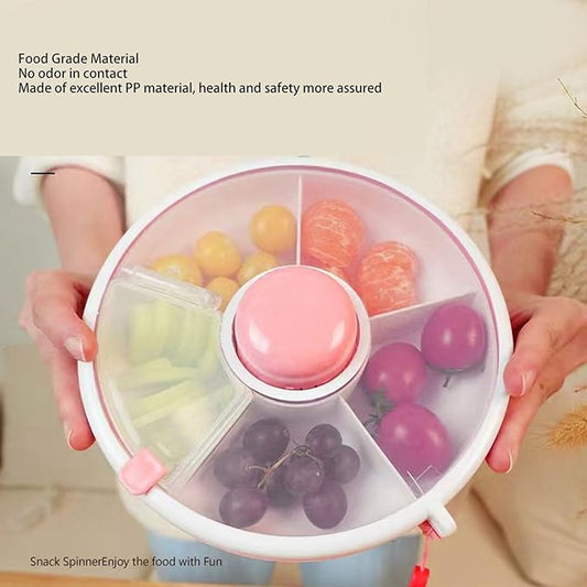 Kids Snack Spinner, 360° Rotating Snack Storage Containers, Large Capacity Leakproof No Spill Kids Fruit Storage Box Bundle with 5 Compartment Dispenser and Lid for Home