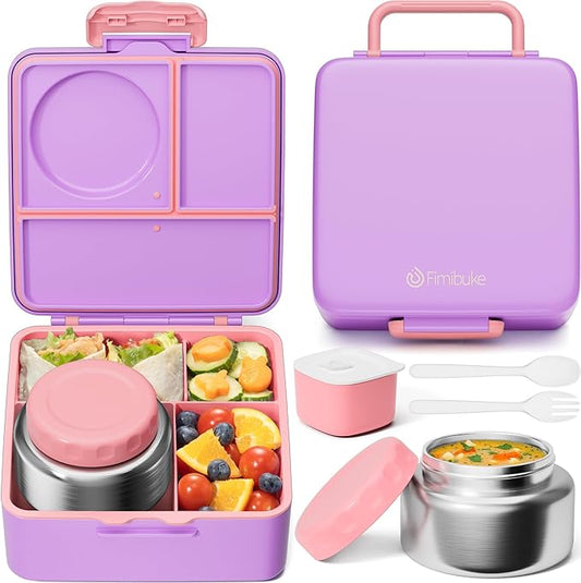 Fimibuke Bento Box for Kids Adult, BPA Free & Leakproof Toddler Lunch Box with 8.5oz Insulated Thermos Food Jar, Utensils & Sauce Jar, Dishwasher Safe 3 or 4 Compartment Container for School Girl Boy