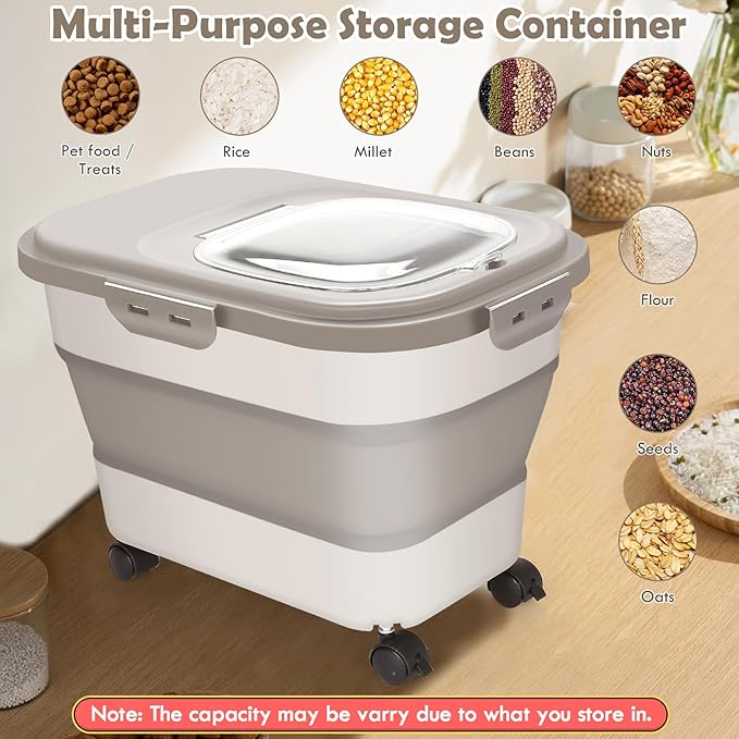 Rice Storage Container, 20Lbs Airtight Flour Container Rice Dispenser, Large Pet Dog Cat Food Storage Bin with Rolling Wheels, Scoop & Measuring Cup, Collapsible Kitchen Cereal Dry Food Holder