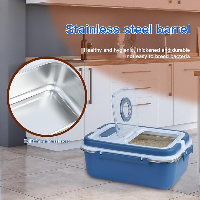 PENCK 15lbs Airtight Rice Storage Container Stainless Steel Flour Sugar Dispenser Food Box Holder Grain Cereal Bin with Measuring Cup for Kitchen Pantry Countertop, Blue