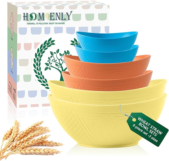 Homienly Wheat Straw Mixing Bowls Set of 6 with 3 Size, Stackable Nesting Bowls Set,Unbreakable Bowls for Kitchen, Picnic, Microwave and Dishwasher Safe Bowls for Salad,Cereal,Snack(Shoreline Color)