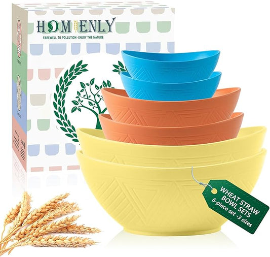 Homienly Wheat Straw Mixing Bowls Set of 6 with 3 Size, Stackable Nesting Bowls Set,Unbreakable Bowls for Kitchen, Picnic, Microwave and Dishwasher Safe Bowls for Salad,Cereal,Snack(Shoreline Color)
