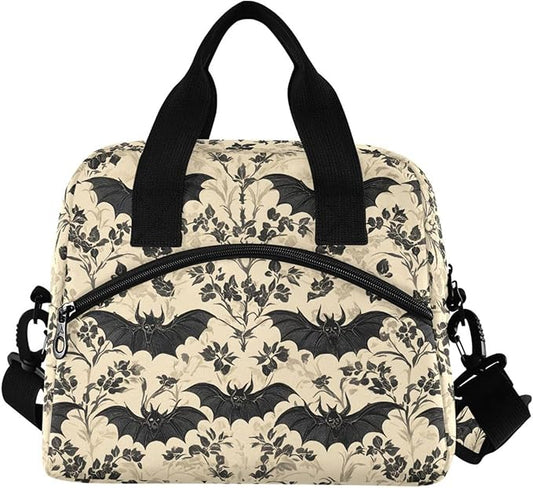 MNSRUU Insulated Lunch Bag Bats and Flowers Vintage Women Men Fabric Dinner Tote Cooler Bag Reusable Leakproof Lunch Box with Adjustable Shoulder Handles Strap For Work School
