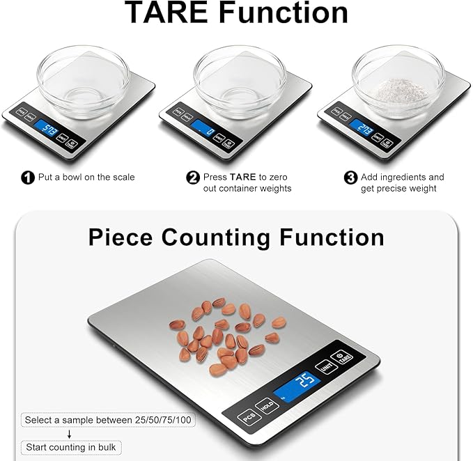 Fuzion Food Scale, 1g/0.1oz Digital Kitchen Scale - 22lb, 7 Units, Tare & PCS, Rechargeable Power, Tempered Glass & Stainless Steel - Food Weight Scale Grams and oz for Cooking, Baking