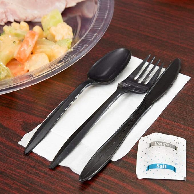 250 Plastic Cutlery Packets - Knife Fork Spoon Napkin Salt Pepper Sets | Black Silverware Sets Individually Wrapped Kits, Bulk Plastic Utensil Cutlery Disposable To Go Silverware