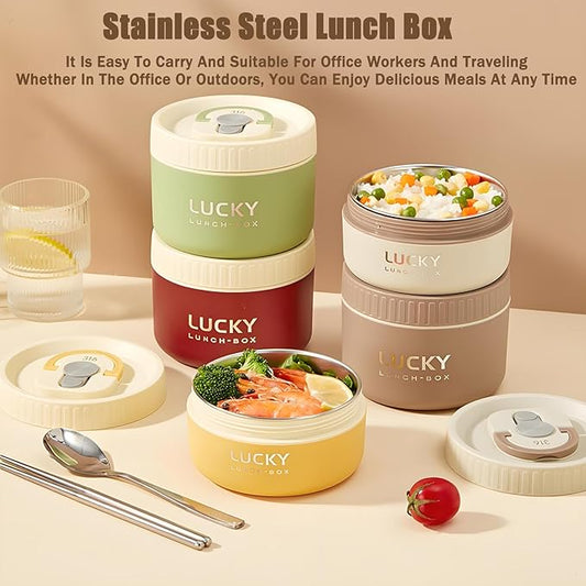 Stainless Steel Lunch Box, 3-Tier Insulated Bento Box Microwave Safe Soup Bowl for Adults, Thermal Food Container for Office Workers (Brown, 1pcs, 600ml)