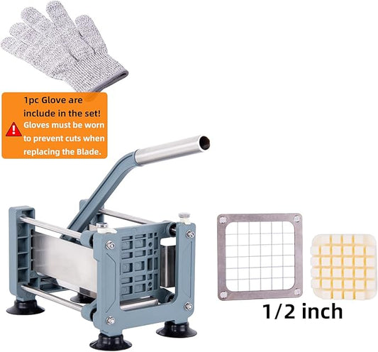 Rismonar French Fry Cutter Stainless Steel Potato Slicer With 1/2in 1/4in 3/8in Blade for Carrots Cucumbers Vegetables (Green, Machine + 1/2)
