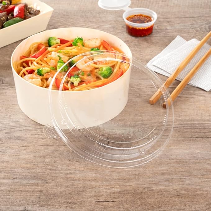 Restaurantware LIDS ONLY: Taipei 6.8 x 6.3 x 0.8 Inch Round Transparent Lids 100 Plastic Lids For 16 And 34 Ounce Round Wooden Containers - Containers Sold Separately Clear Plastic To Go Box Lids