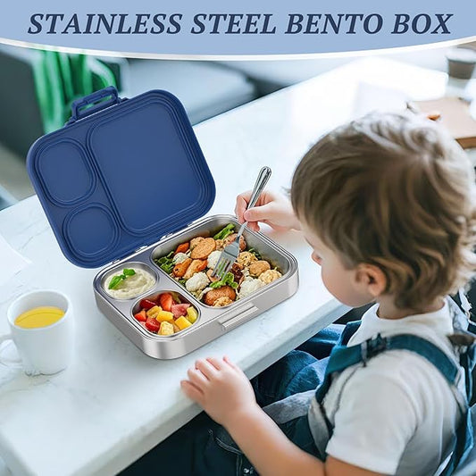 Stainless Steel Lunch Box, Leak-Proof with free sealing Bento Box 3 Compartments, Metal Lunchbox for Travel & Work, Eco-Friendly Meal Storage Solution Blue