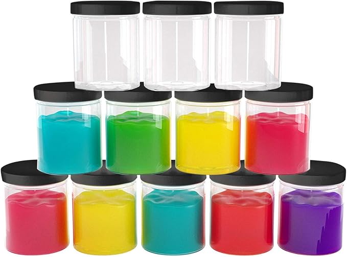 Plastic Containers with Water-Tight Black Lids (6 oz, 24 Pack) - Clear Plastic Food Storage Jars with Labels and White Marker - Great for your slime kit or any type of storage - BPA Free