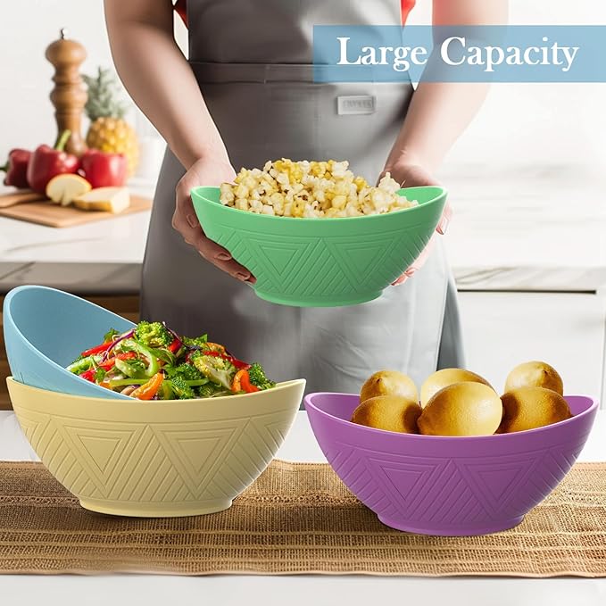 65 oz Large Wheat Straw Bowls Set of 4, Large Unbreakable Salad Bowls, Microwave & Dishwasher Safe Serving Bowls, Kitchen Bowls for Salad, Cereal, Soup and Oatmeal (Spring Series)