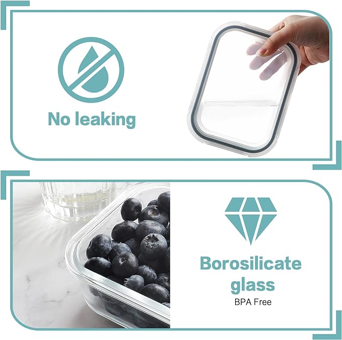 HOMBERKING 10 Pack 22oz Glass Meal Prep Containers, Food Storage Containers with Lids, Airtight Lunch Bento Boxes, BPA-Free & Leak Proof (10 lids & 10 Containers) - Grey