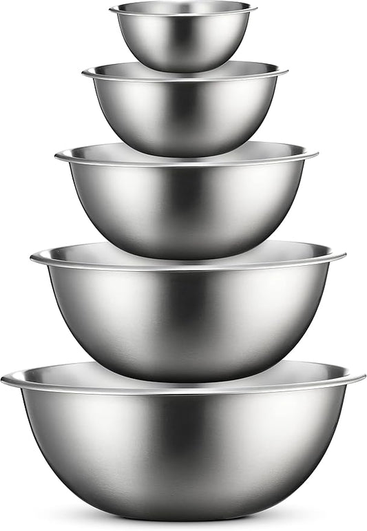FineDine Stainless Steel Mixing Bowls (Set of 5) Stainless Steel Mixing Bowl Set - Easy To Clean, Nesting Bowls for Space Saving Storage, Great for Cooking, Baking, Prepping