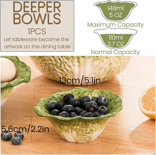 KXZ 5 oz Ceramic Dipping Bowl, Green Cabbage Shape Small Bowls, Porcelain Mini Baking Cups Oven Safe for Personal Ice cream, Soy Sauce, Dipping Dish, Cheese, Snack, Yogurt, Ketchup, BBQ