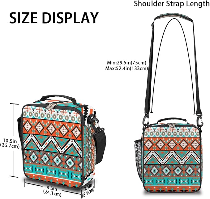 Aztec Geometric Kids Lunch Box Aztec Insulated Lunch Bag Tote for Girls Boys Cooler Freezable Meal Prep Bag with Shoulder Strap Waterproof Lunch Container for School Office Picnic