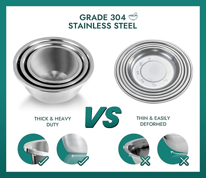 Enther Mixing Bowls - Set of 3 Stainless Steel Mixing Bowls with 304 Stainless Steel - Heavy Duty, Easy To Clean, Nesting Bowls Space Saving Storage, Great for Cooking, Baking, Salad,Silver