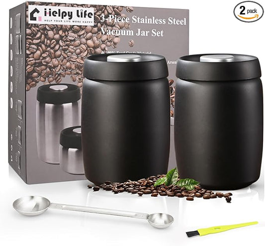 Vacuum Coffee Canister, Coffee Bean Storage with Scoop, Stainless Steel Airtight Food Storage Container, Perfect for Coffee Beans,Coffee Grounds,Loose Leaf Tea (1200ml*2 Matte Black)