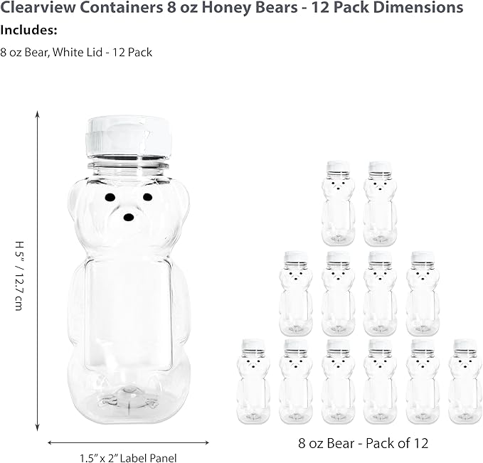 12 Pack of 8 Ounce Honey Bears with Sealable White Flip Top Lids (8 oz. Bear, 12pk, White)