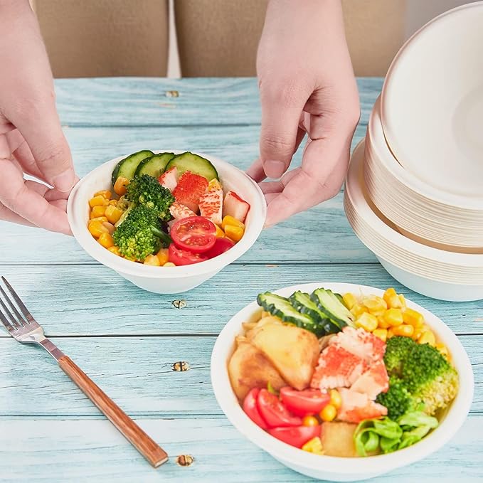150 Pack 8 oz Paper Bowls Disposable White Small Compostable Soup Bowls Natural Bagasse Sugarcane Biodegradable Bowls for Cereals, Ice Cream, Desserts