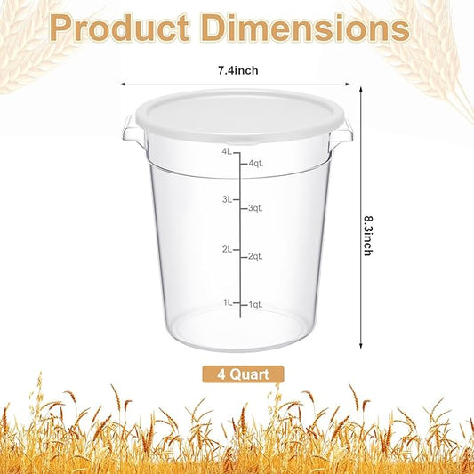 Suclain 4 Pcs 4 Qt Food Storage Container Bucket with Lids Clear Proofing Containers for Dough Rise Bread with Scale Handle Round Flour Commercial Storage Bucket for Home Restaurant Food
