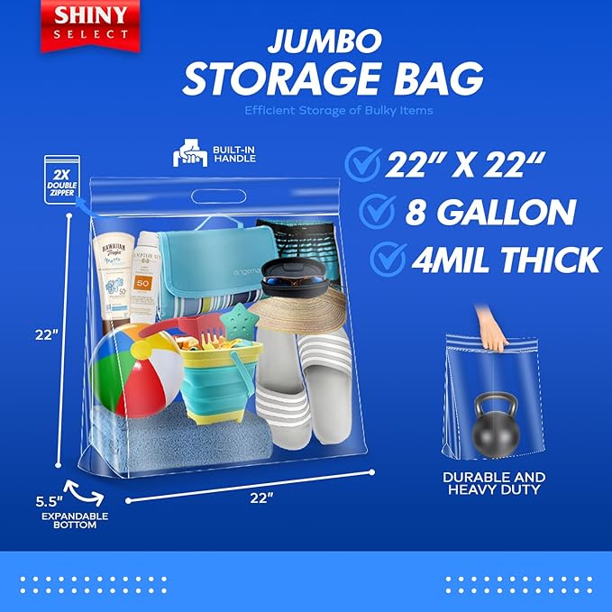 8 Gallon Jumbo Storage Bag with Handle & Resealable Zipper Top, 22x22, 10 Bags – Clear Big Plastic, Extra Large XL, 4 Mil Heavy Duty for Toiletries, Clothes, Beach Essentials, Shoes, Toys