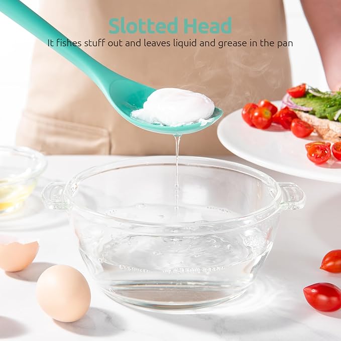 18/8 Stainless Steel Measuring Spoons Set for Dry and Liquid Ingredients (Set of 5), and 600ºF Heat Resistant Silicone Spoons, 13.3in Solid & Slotted Kitchen Mixing Tool (Aqua Sky)