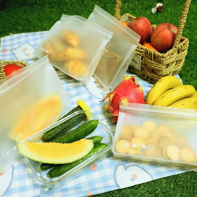 Reusable Freezer Bags, 4 Pack PEVA Material Reusable Storage Bags, Leak proof Reusable Bags Silicone, Plastic Free for Fruit, Marinate Meat, Cereal, Sandwich, Snack, Travel Items