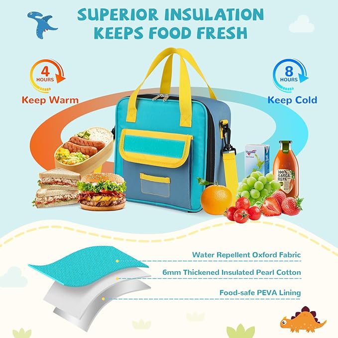 REDSHELL Tactical Lunch Box Kids, Large Insulated Lunch Bag for Boys Girls, Cooler Lunchbag, Square Toddler Lunchbox, School Daycare Lunch Tote Pail with Water Bottle Holder Shoulder Strap, Blue