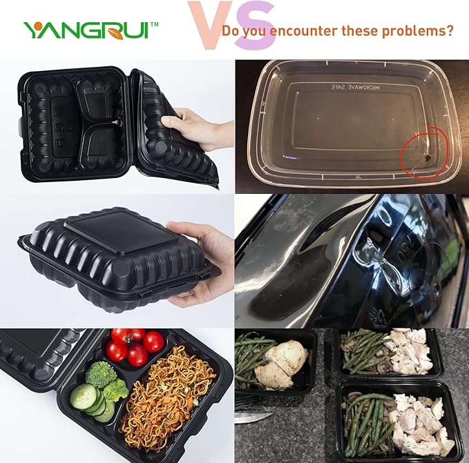 YANGRUI To Go Containers, Reusable 65 Pack 7.8 Inch BPA Free Black Clamshell Food Container 30 oz Shrink Wrap 3 Compartment Freezer and Microwave Safe MFPP Take Out Boxes
