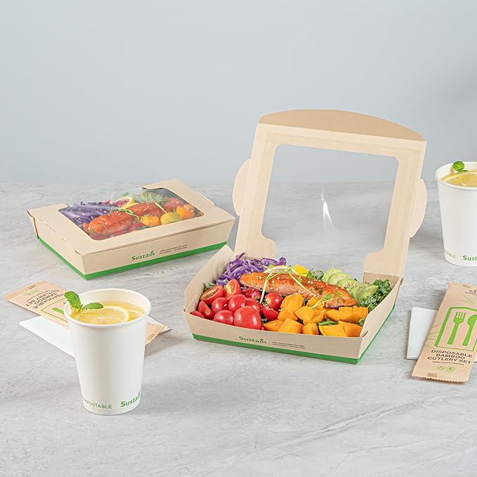 Restaurantware-Sustain 40 Ounce Sturdy Paper Take Out Boxes, 50 Disposable Take Out Food Containers - With PLA lining, Clear PLA Window, Bamboo Paper Containers, Compostable, Tab-Lock Design