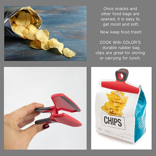 COOK WITH COLOR Food Clips - Wide Heavy Duty Chip Clips, Large Bag Clips for Food Storage with Air Tight Seal Grip, Pack of 16, Red