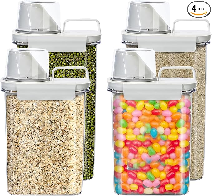Storage Cereal Organizers Containers Sets , Food Grade BPA free PET Material Reusable，Airtight food storage containers with lids， kitchen organizers and storage Total(2 pcs 2300ml 2 pcs 1800ml)