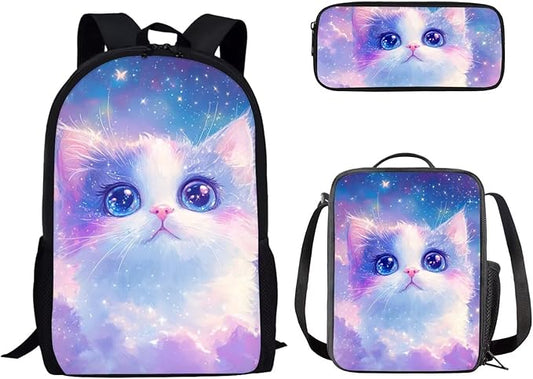 Dolyues Galaxy Cat Backpack Set for School 17-Inch School Backpack, Insulated Lunch Bag & Pencil Case - Adorable 3-Piece Combo for Elementary Students
