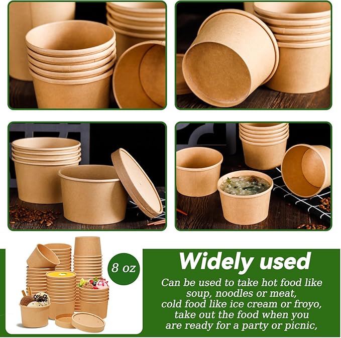 8oz Paper Soup Container Cup with Vented Lids, Disposable Paper Food Container Kraft Dessert Bowl Ice Cream Container Cup, Microwavable and Freezer Safe for Hot Soup, Ice Cream (100 Pcs - Kraft, 8 oz)