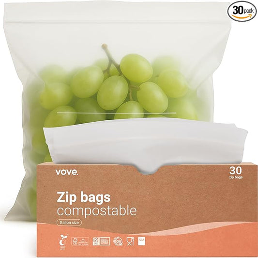 Compostable Zip Bags | 30 Pack Gallon Size (4L) | Biodegradable Storage Bags | PLA PBAT Eco-Friendly | Zero Waste Kitchen Storage | Sustainable Food Bags with Certification