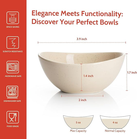 Sweese 4 Inch Porcelain Small 4 oz Bowls for Sauce | Charcuterie | Dipping | Snack | Condiment | Side Dishes Set of 6 - Microwave, Dishwasher and Oven Safe - Beige