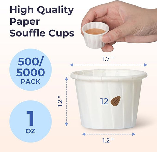 Fit Meal Prep [500 Pack] 1 oz Treated Paper Souffle Portion Cups for Condiments Samples Measuring Jello Shots Sauce Disposable Cup - White