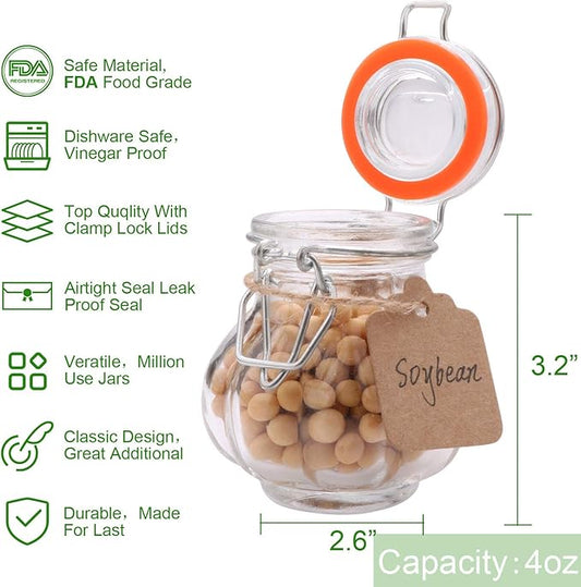 Glass Spice Jars,Encheng Glass Jars With Airtight Lids 4 oz,Small Jars With LeakProof Rubber Gasket,Mason Jars With Hinged Lids For Kitchen,Mini Storage Containers With Twine and Tags Labeling 30 Pack