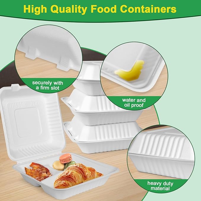 9x9 To Go Containers With Lids, 100 Pack Food Containers Disposable, Compostable Take Out Containers, 3-Compartment Heavy Duty Paper Container, Biodegradable Bagasse To Go Boxs For Food