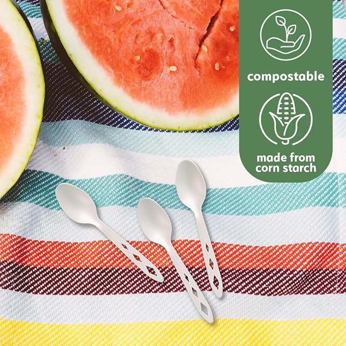 100% Compostable Non Plastic Spoons [100 Pack] CPLA Disposable Spoons. Non Plastic Silverware Set. Eco-Friendly Cutlery, Off White Flatware, Extra Sturdy Utensils, by Earth's Natural Alternative