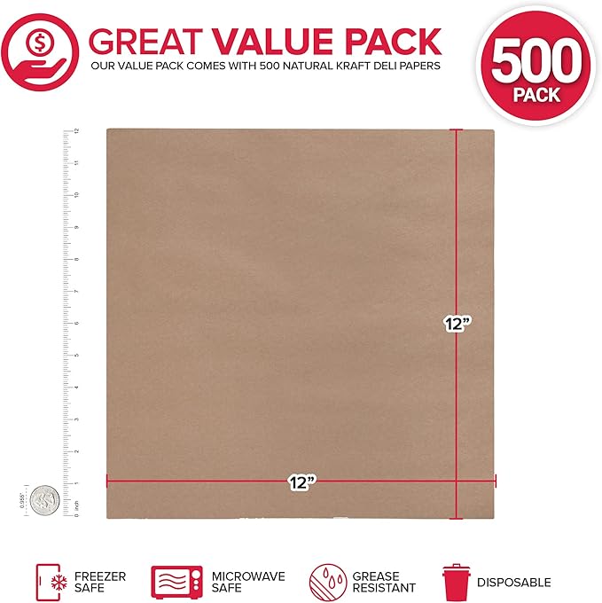 Stock Your Home 12 x 12 Grease Proof Deli Wrappers (500 Pack) - Pre Cut Natural Wax Paper Sheets - Recyclable Food Basket Liners -Kraft Deli Squares For Sandwiches, Lining Wire Food Baskets, Food Tray